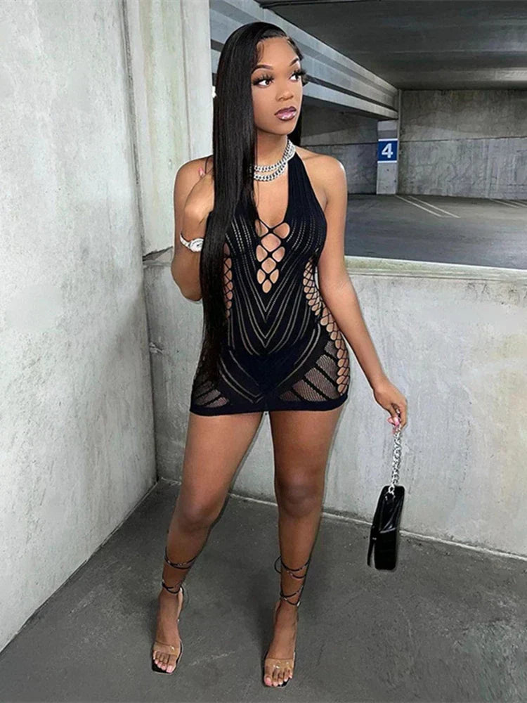 Mesh Halter Neck Lace Up Bodycon Mini Dress - View 2