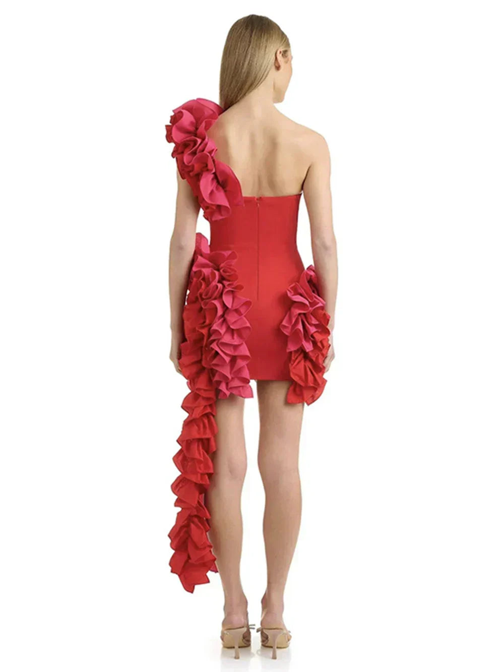 Solid Ruffles One Shoulder Strips Prom Mini Dress - View 8