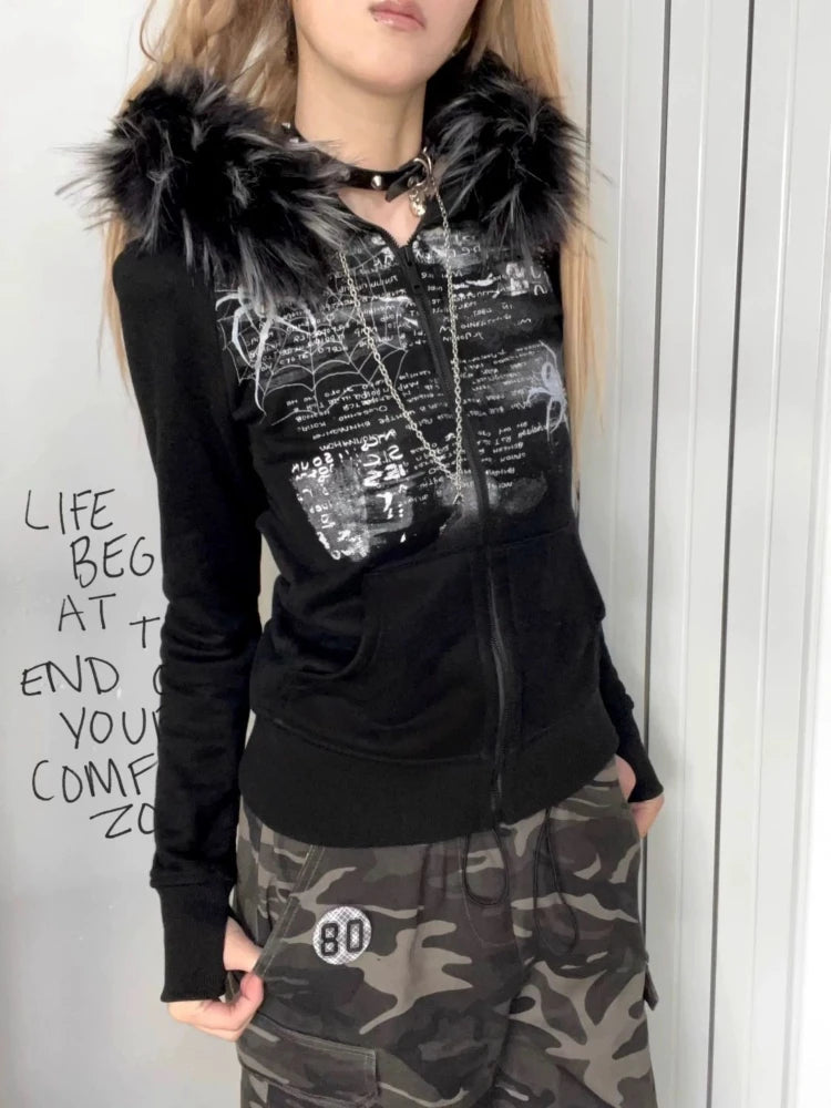 Dark Furry Patchwork Hooded Sweatshirt - Fashionpara