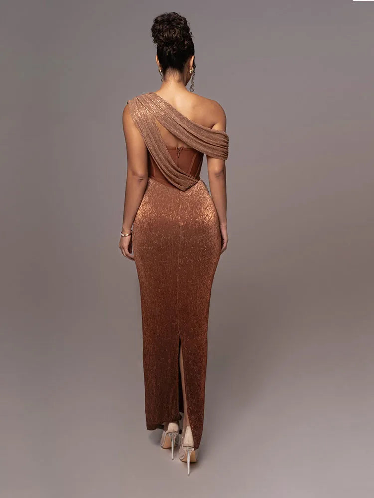 One Shoulder Draped Glitter Brown Maxi Dress - View 8
