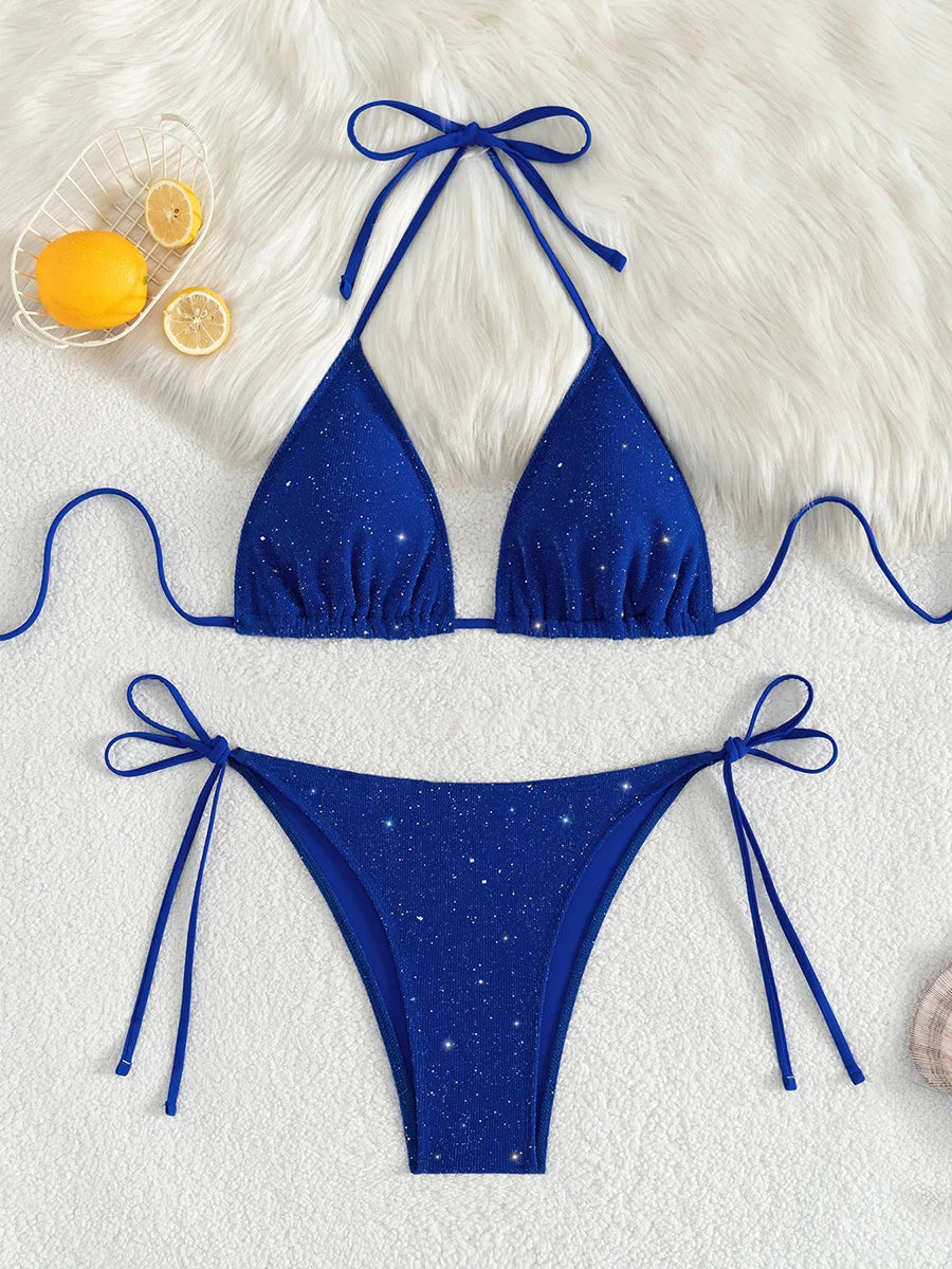 Shiny Sparkling Halter Strappy Bikini Set