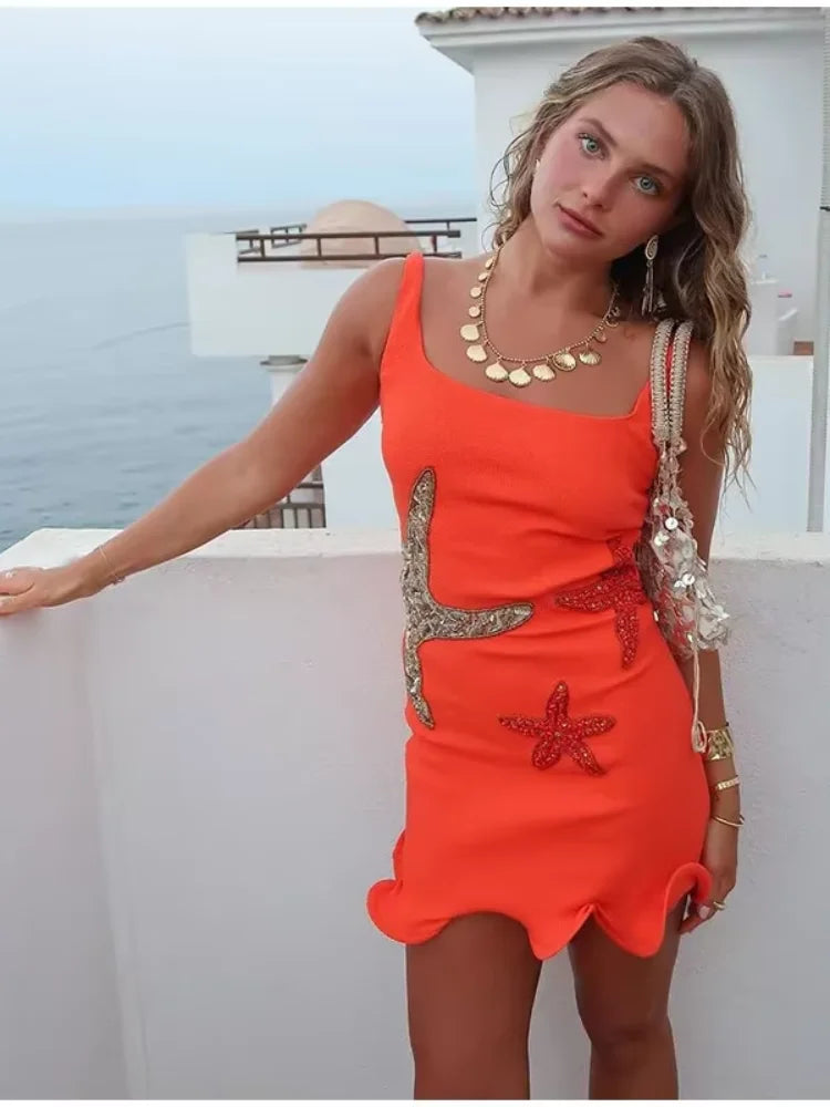 Sequin Starfish Square Neck Sleeveless Bodycon Mini Dress in Blue - View 5