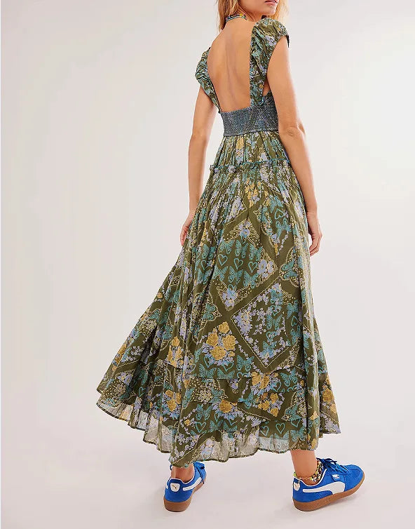 Printed Chiffon Short Sleeve A-line Boho Dress