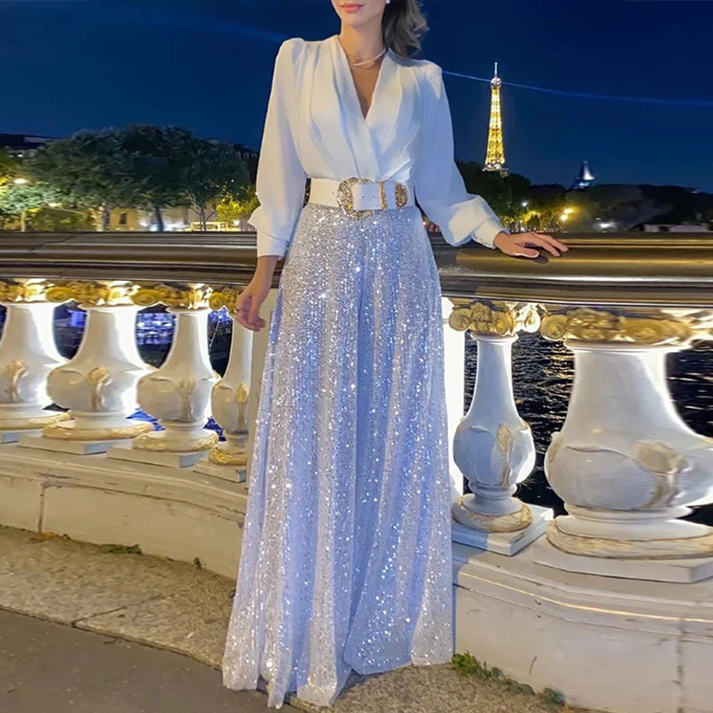 Elegant Sequin Wide Leg Pants and V-Neck Blouse Set