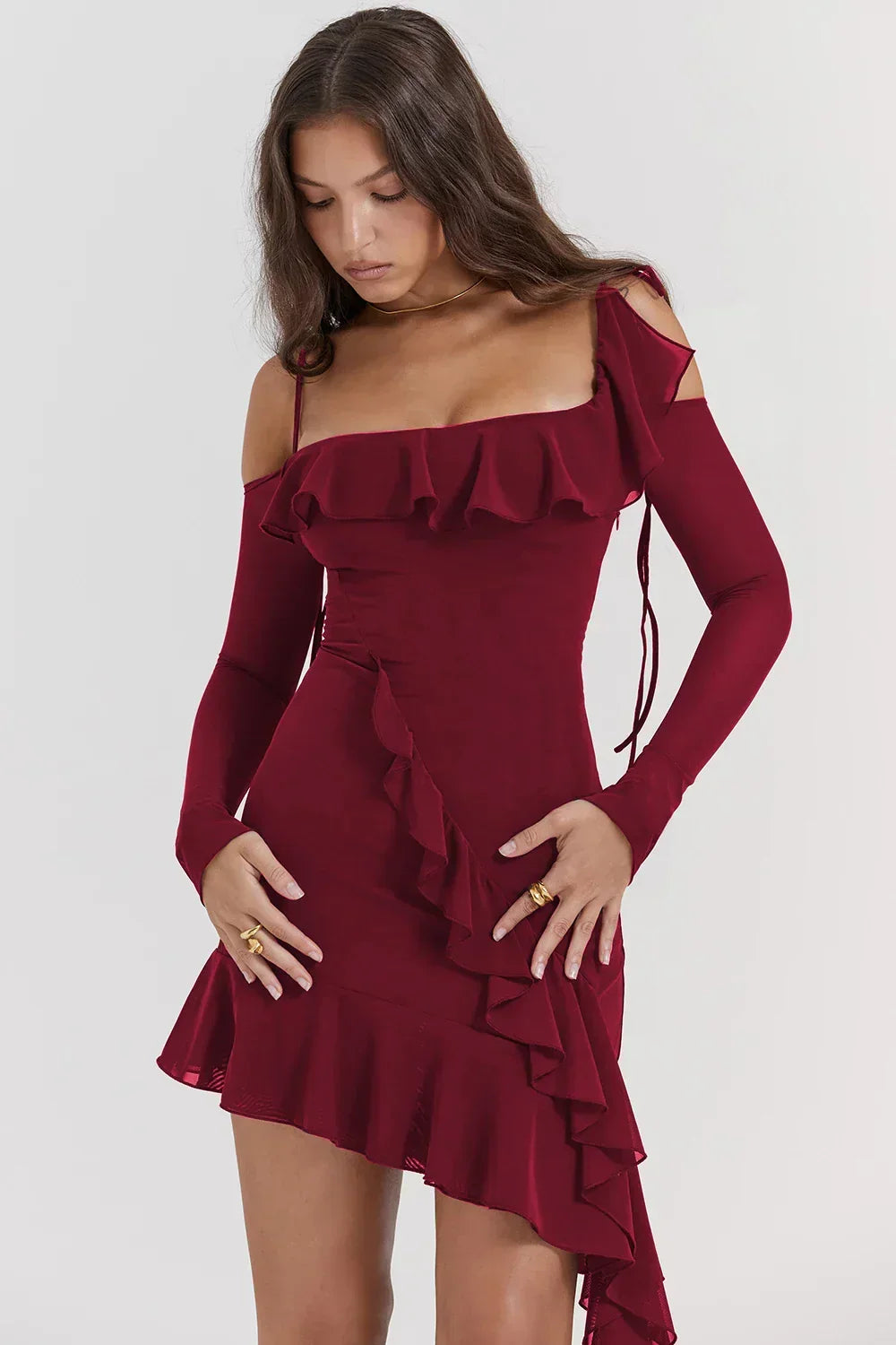Ruffle Cold-Shoulder Long-Sleeve Asymmetric Mini Dress 17