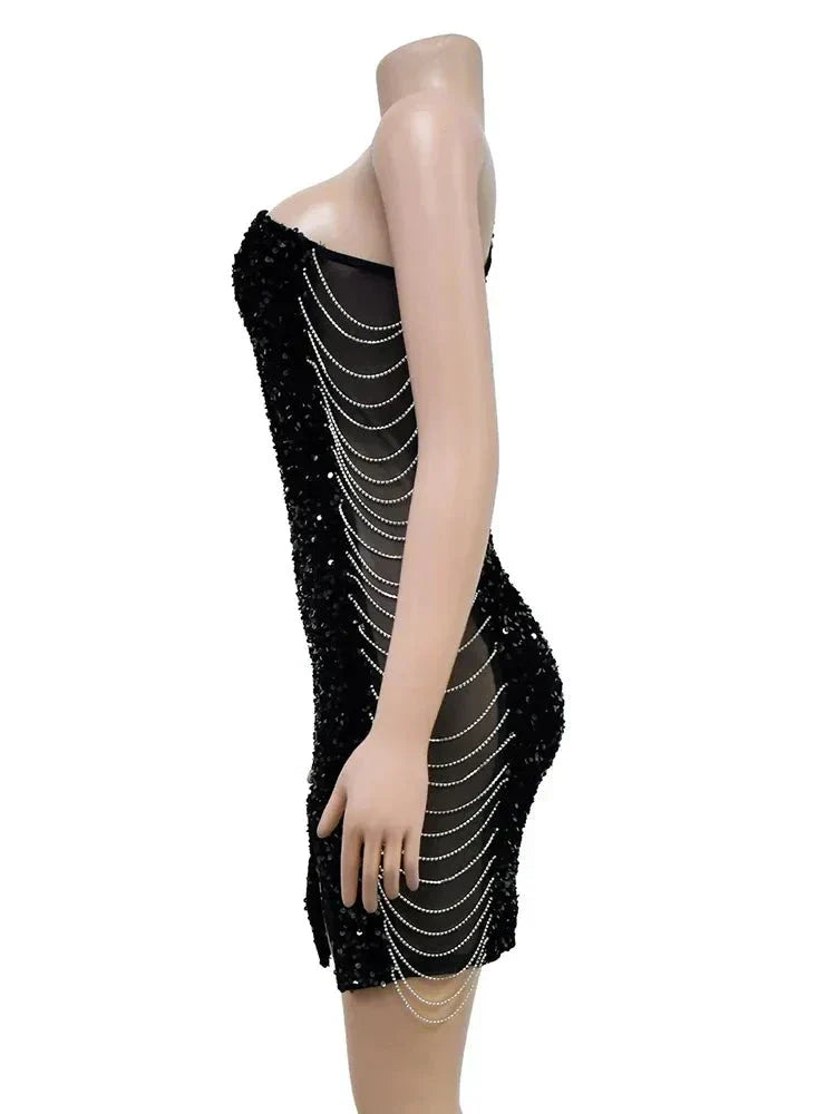 Sequin One Shoulder Feather Trim Chain Detail Mini Cocktail Dress - View 5