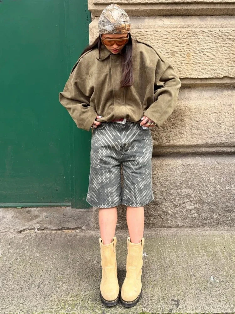 Brown Green Lapel Bomber Jacket - Fashionpara