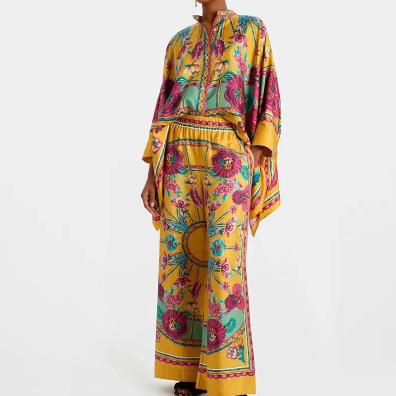 Elegant Women's Long Sleeve Button Shirt and Wide Leg Pants Set