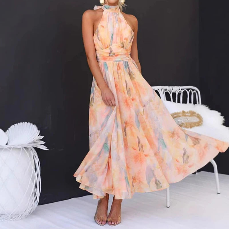 Elegant Halter Backless Maxi Dress for Beach Vacations