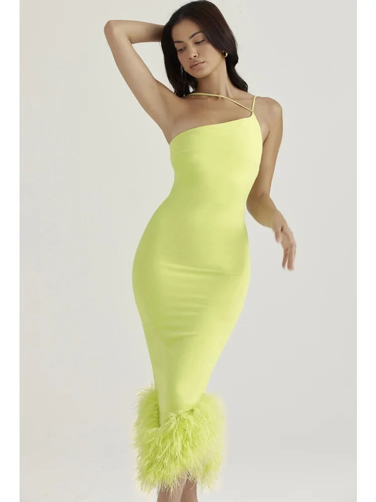 Elegant Spaghetti Strap Feather Midi Dress - View 2