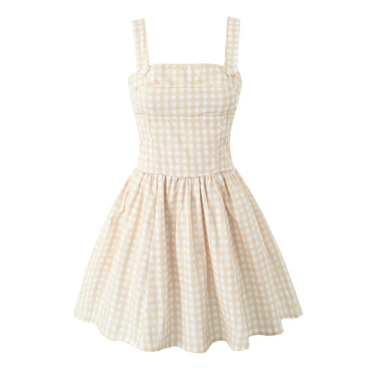 Gingham Print Square Neck Corset Paneled Pleated Mini Dress - View 5