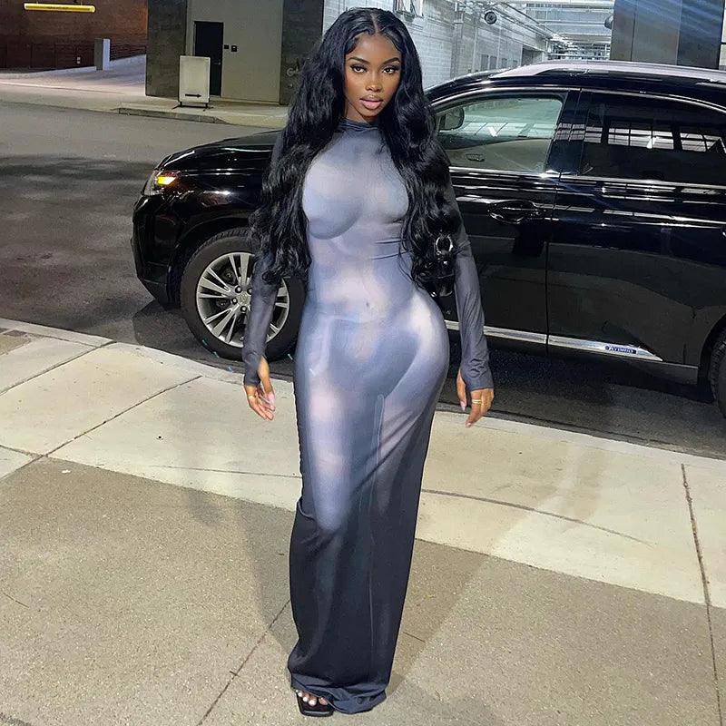 Abstract Print Mock Neck Long Sleeve Bodycon Maxi Dress 4