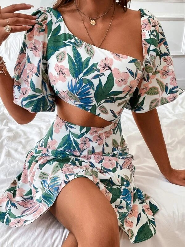 Tropical Print One-Shoulder Puff Sleeve Cutout Mini Dress