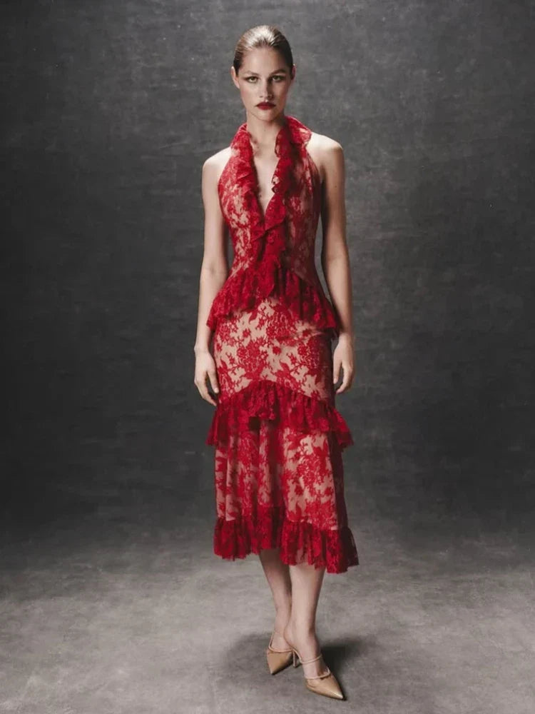 Floral Lace Halter Neck Ruffle Tiered Midi Dress