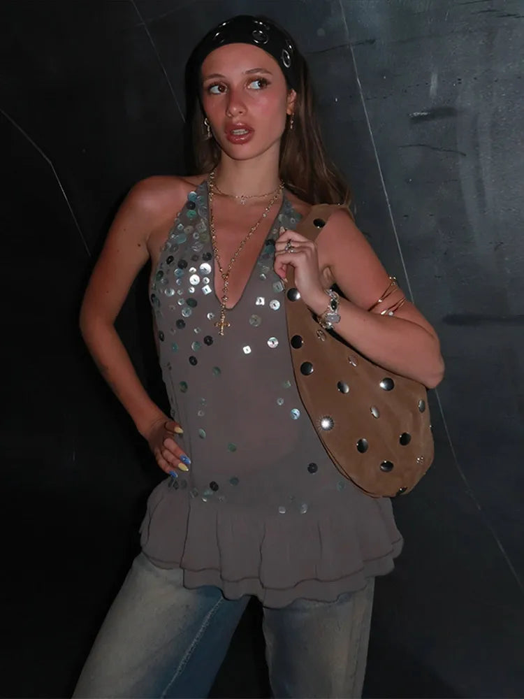 Sequin Halter Neck Cut Out Tiered Mini Dress - View 5