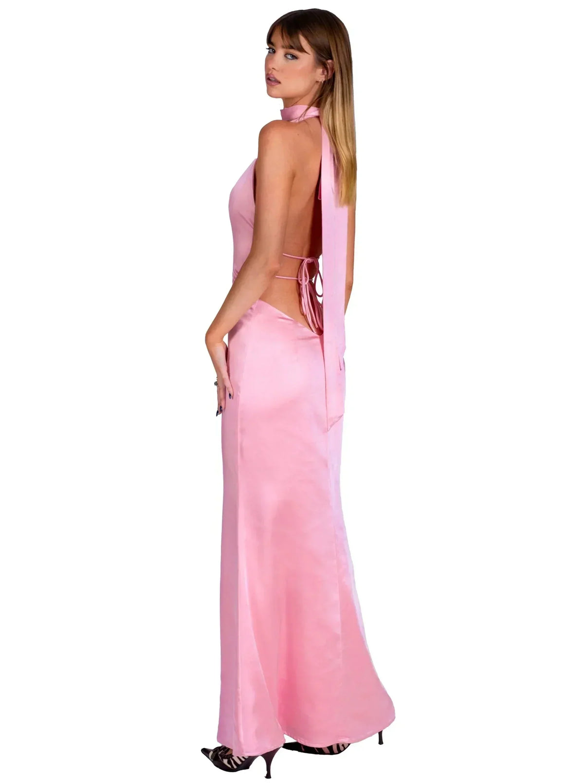 Satin Halter Neck Choker Deep V-Neck Bodycon Maxi Gown 36
