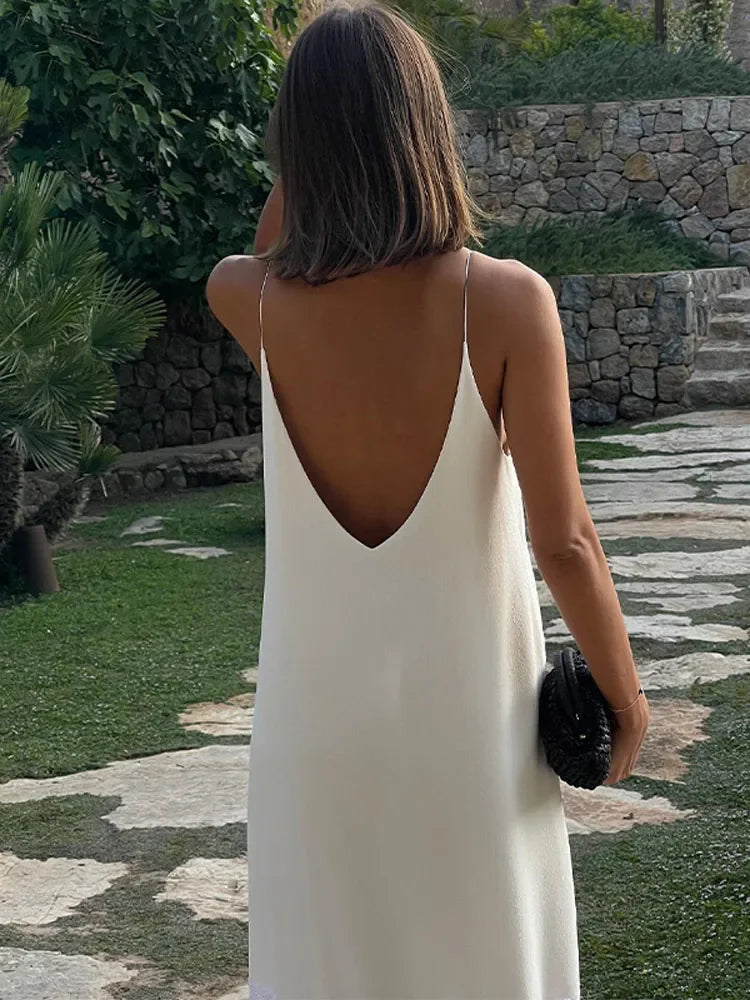 White Satin Mesh Backless Maxi Dress - View 3