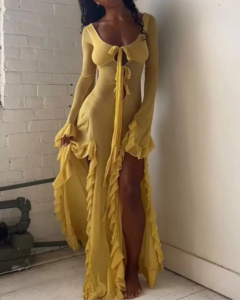 Ruffled Slit V-neck Maxi Dress