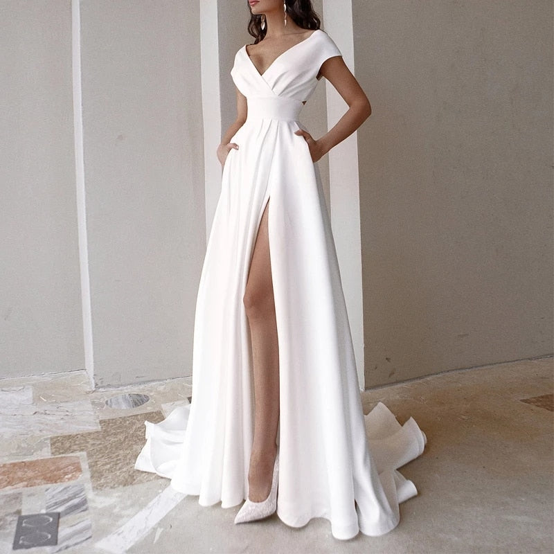 Off Shoulder Deep V-Neck Wrap Bodice Pleated High Split Maxi Gown - View 6