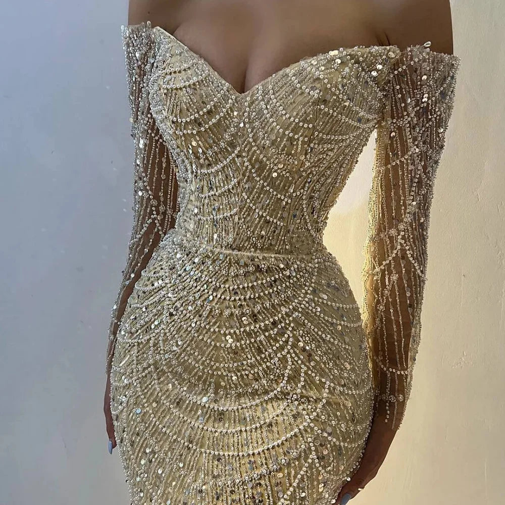 Sequin Off Shoulder Long Sleeve Sweetheart Mermaid Prom Gown