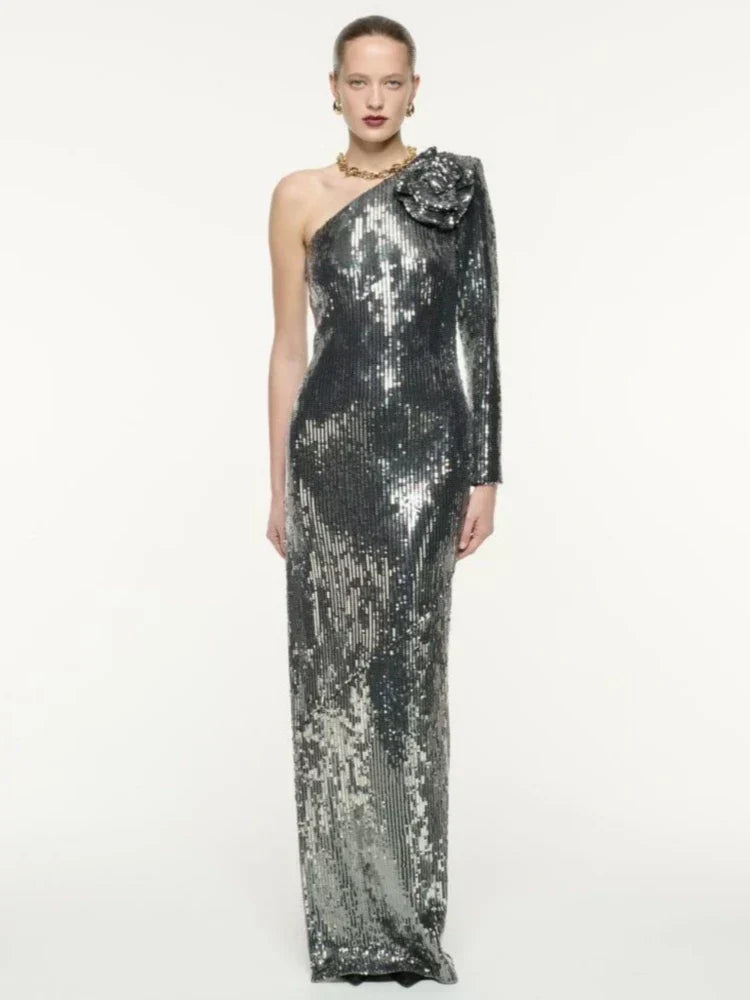 Sequin One Shoulder Long Sleeve Rosette Bodycon Maxi Dress - View 2