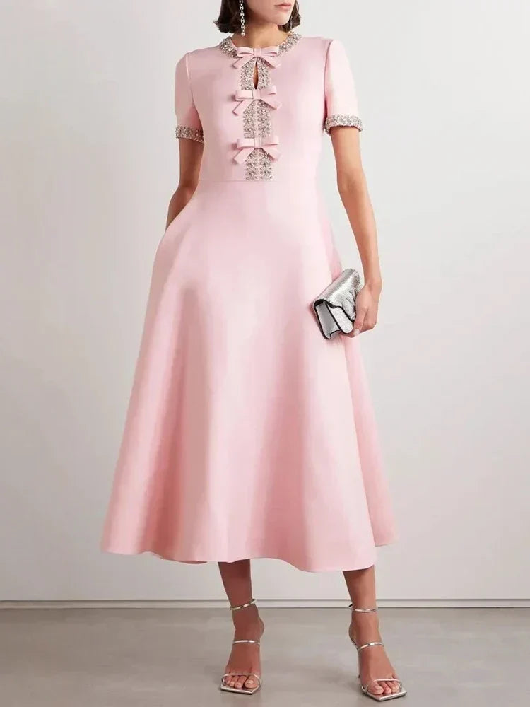 Rhinestone Trim Bow Detail Keyhole Neck Short Sleeve A-Line Midi Dress - View 6