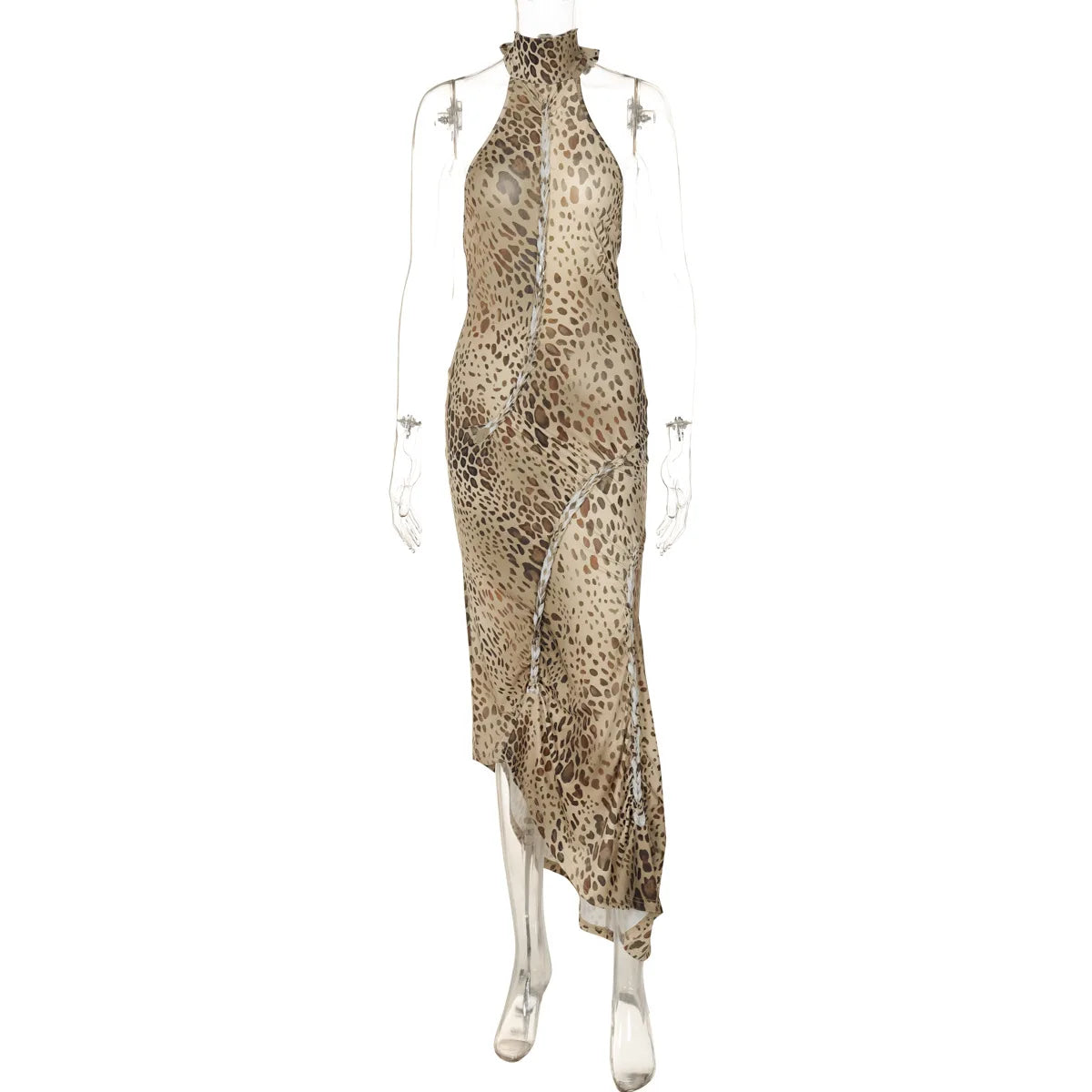 Leopard Print Halter Neck Lace Up Cut Out Ruched Bodycon Midi Dress - View 9