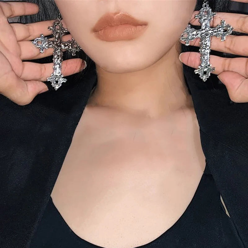 Antique Cross Gothic Rebel Dangle Drop Earring