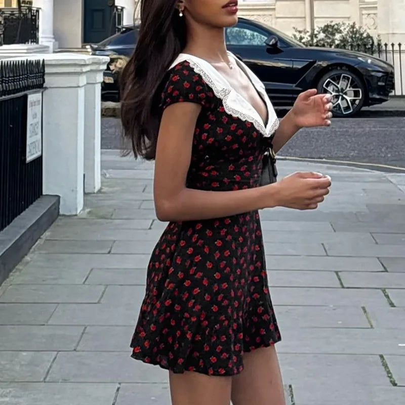 Floral Print Collared Cap Sleeve Flared Mini Dress 5