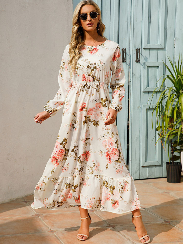 Floral Long Sleeve Round Neck Tiered Midi Dress