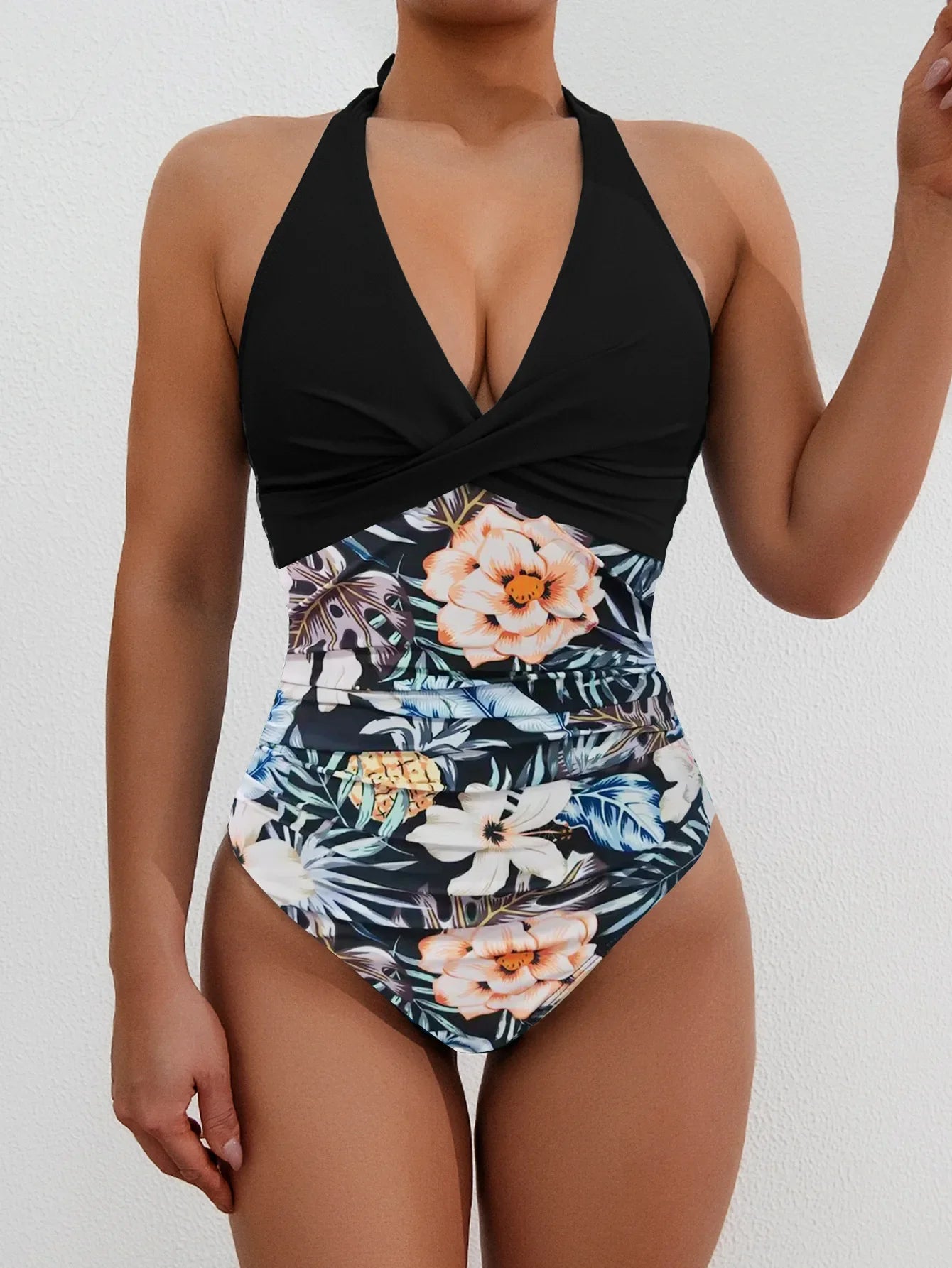 Print Patchwork Halter Push Up One Piece Set