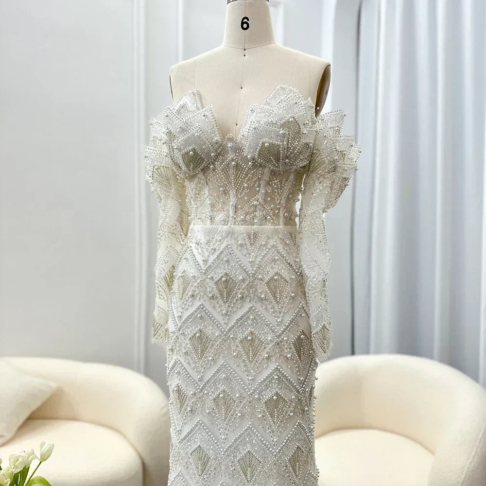 Beaded Off Shoulder Long Sleeve Mermaid Maxi Gown - View 13