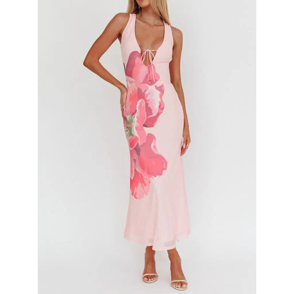 Floral Print V-Neck Tie-Front Slip Maxi Dress