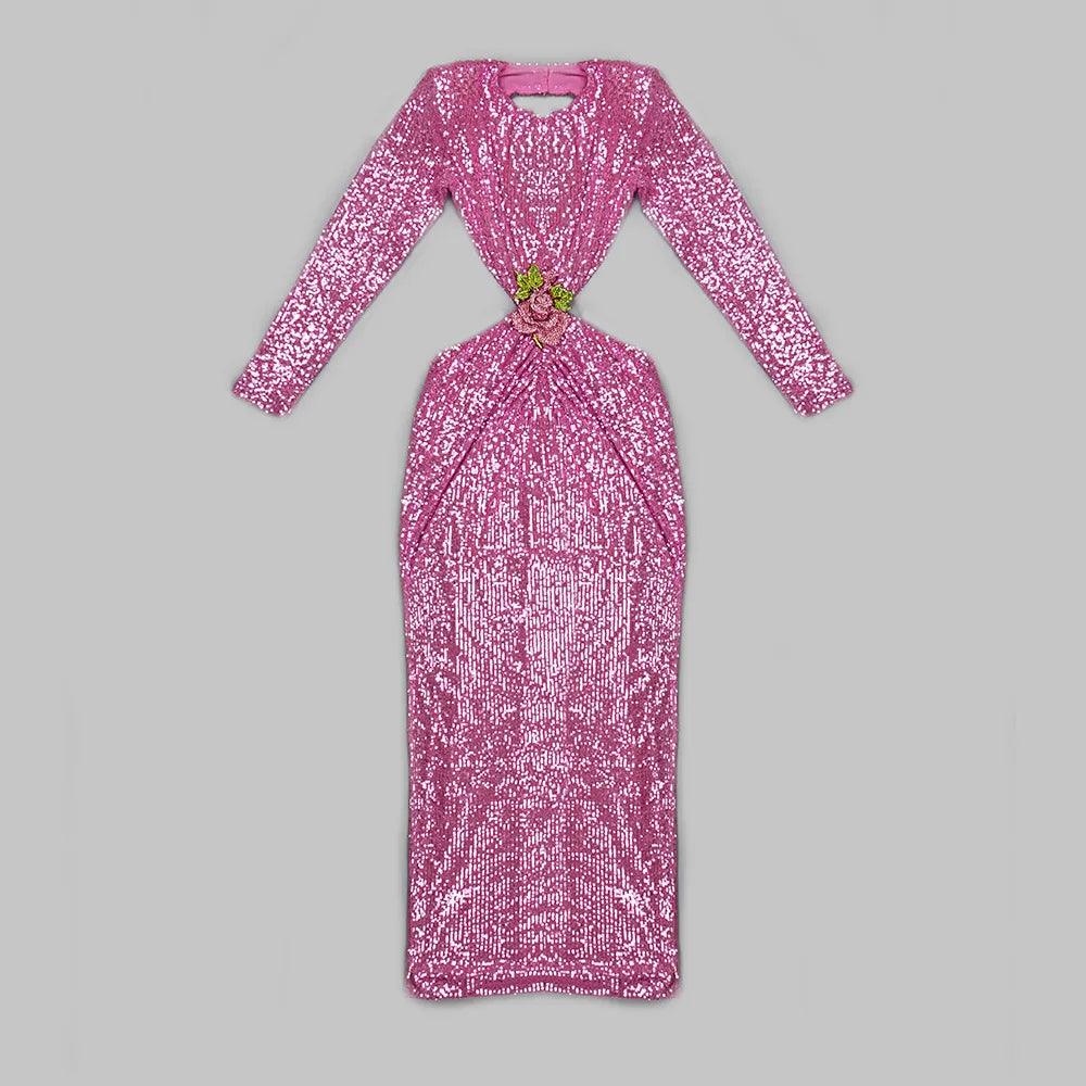 Sequin Long Sleeve Cut Out Bodycon Maxi Dress - View 16