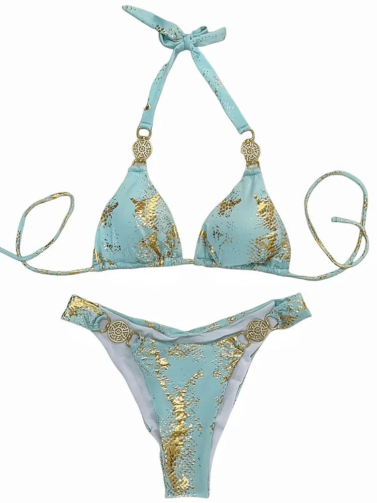 Snake Print Scrunch Butt Diamond Bikini Set