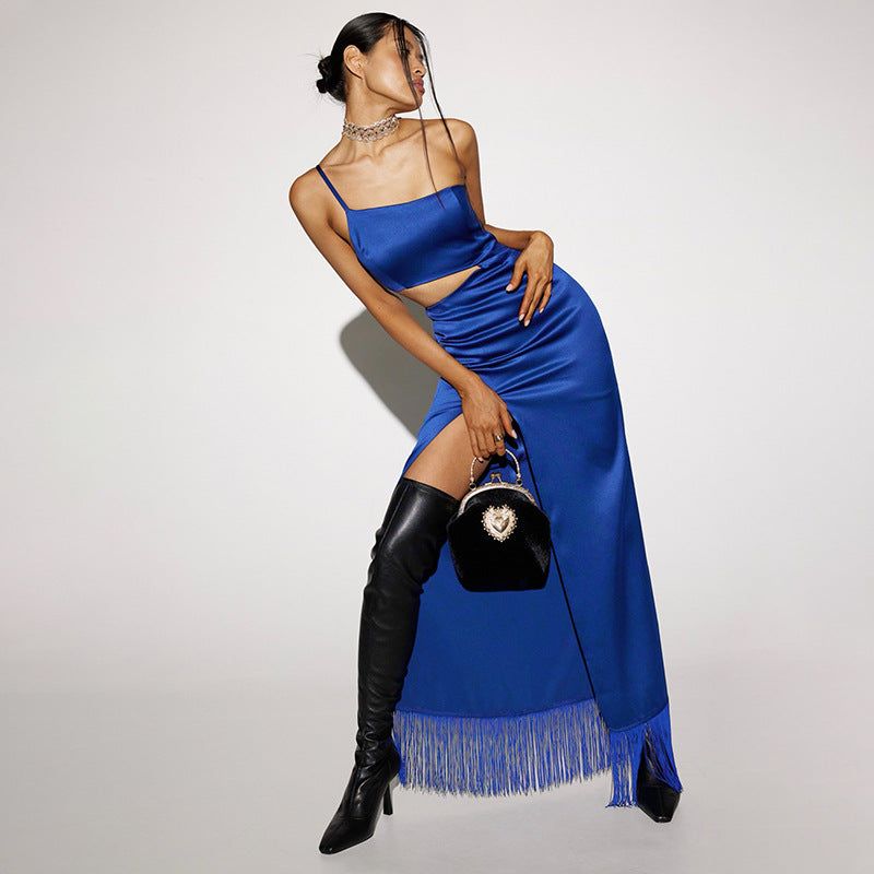 Satin Square Neck Cutout Fringe-Hem Slit Maxi Dress 3