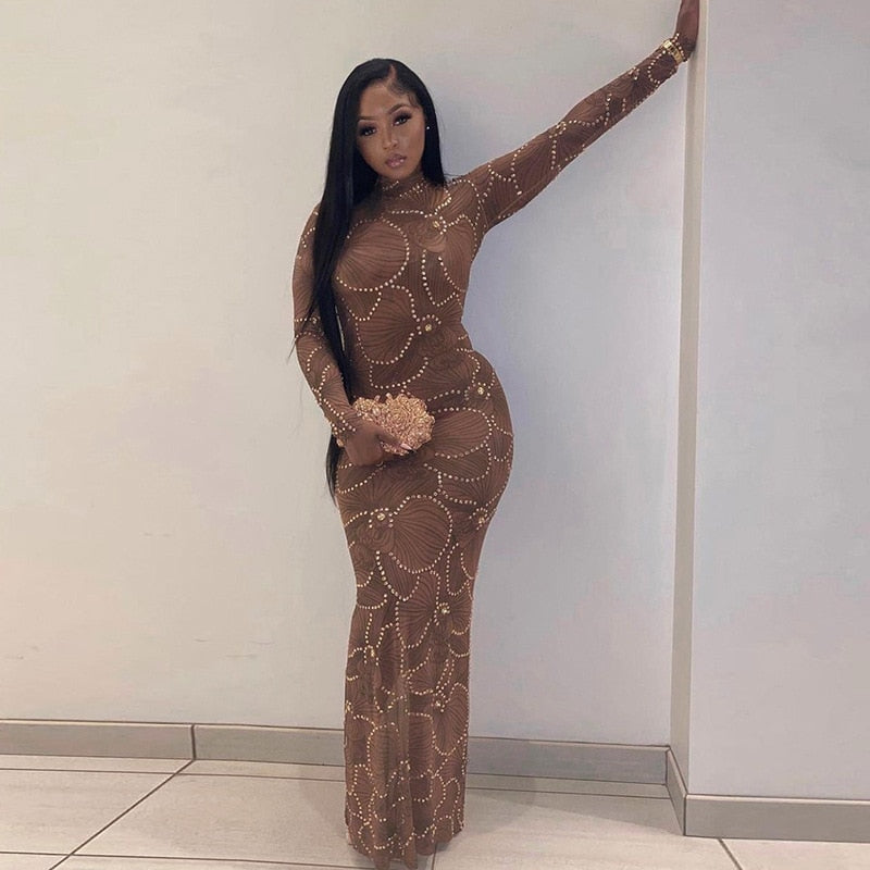 Embellished Mesh Long Sleeve Bodycon Maxi Dress 3