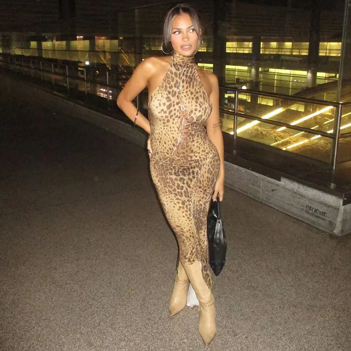 Leopard Print Halter Neck Lace Up Cut Out Ruched Bodycon Midi Dress - View 2