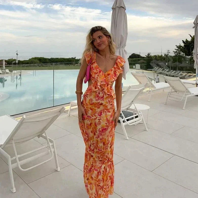 Deep V-Neck Cut Out Ruffle Trim Tiered Hem Maxi Summer Dress