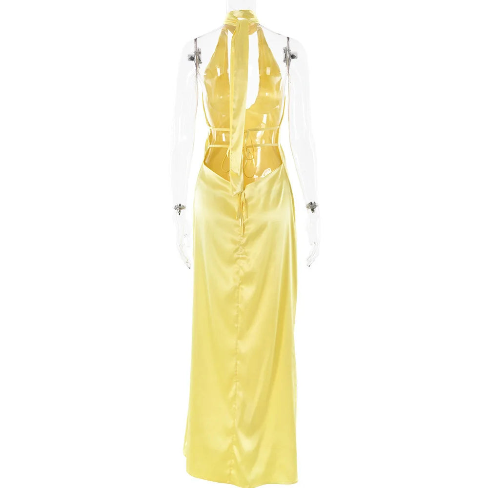 Satin Halter Neck Choker Deep V-Neck Bodycon Maxi Gown - View 12