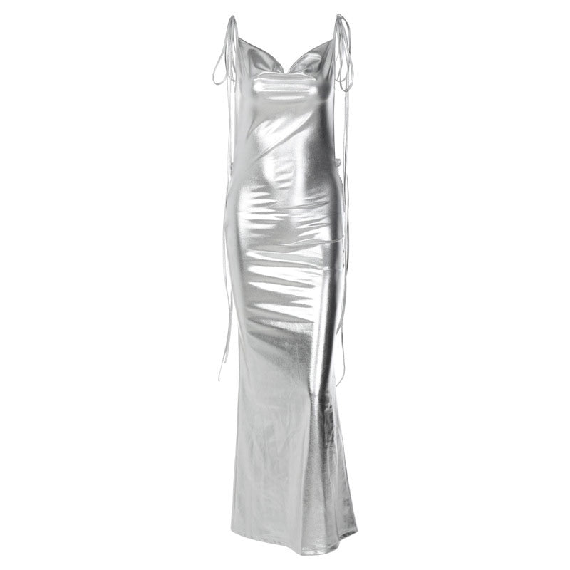 Glossy Soul Metallic Backless Maxi Dress
