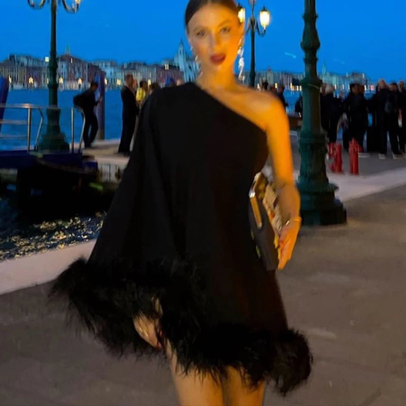 Chic One Shoulder Feather Hem Dress for Elegant Parties - Fashionpara