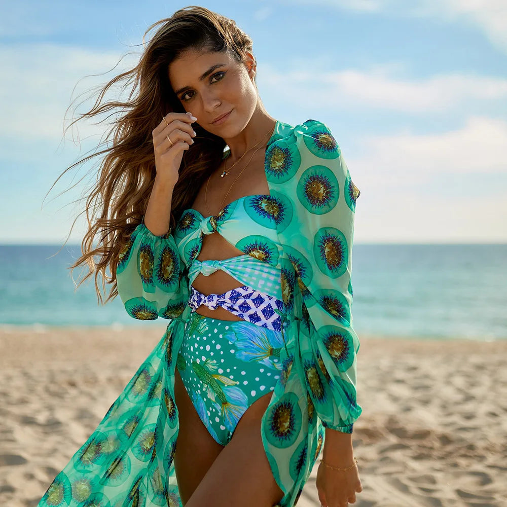 Print One-Piece Swimsuit Cover Up
