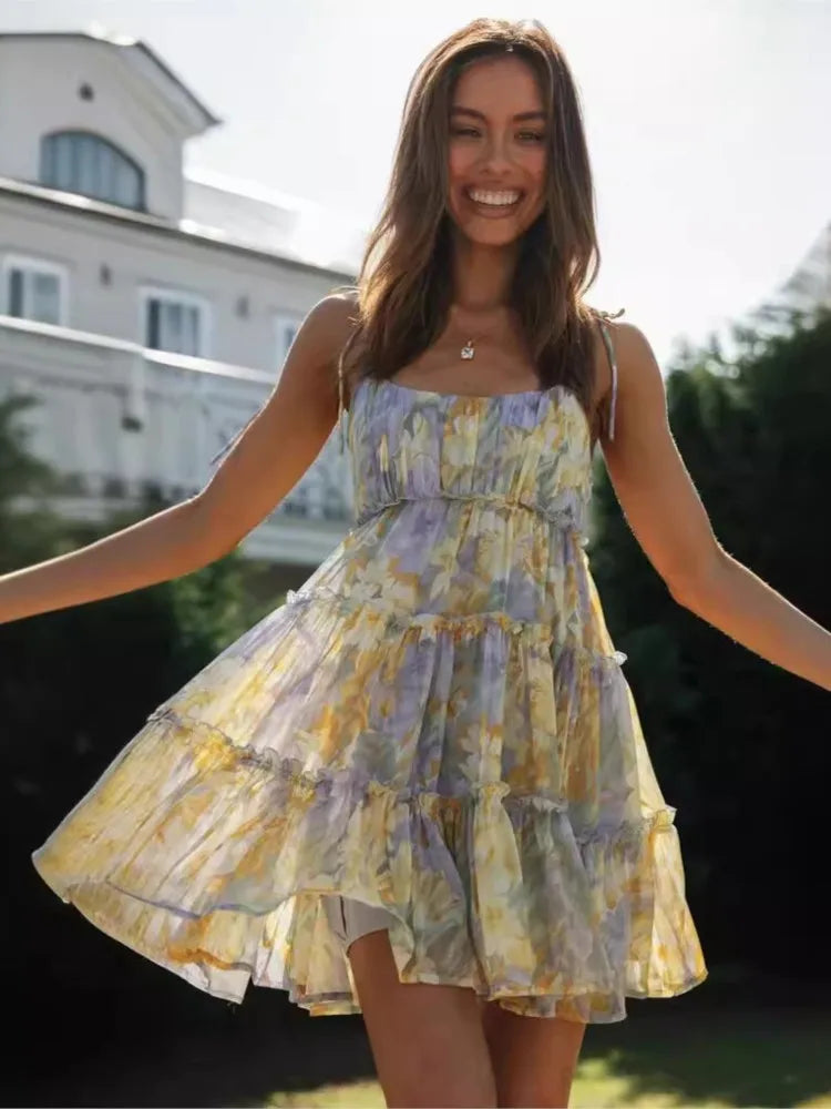 Chiffon Puff Sleeve Corset Tiered Ruffle Mini Dress