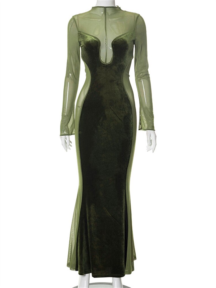 Velvet High Neck Long Sleeve Mesh Panel Mermaid Gown