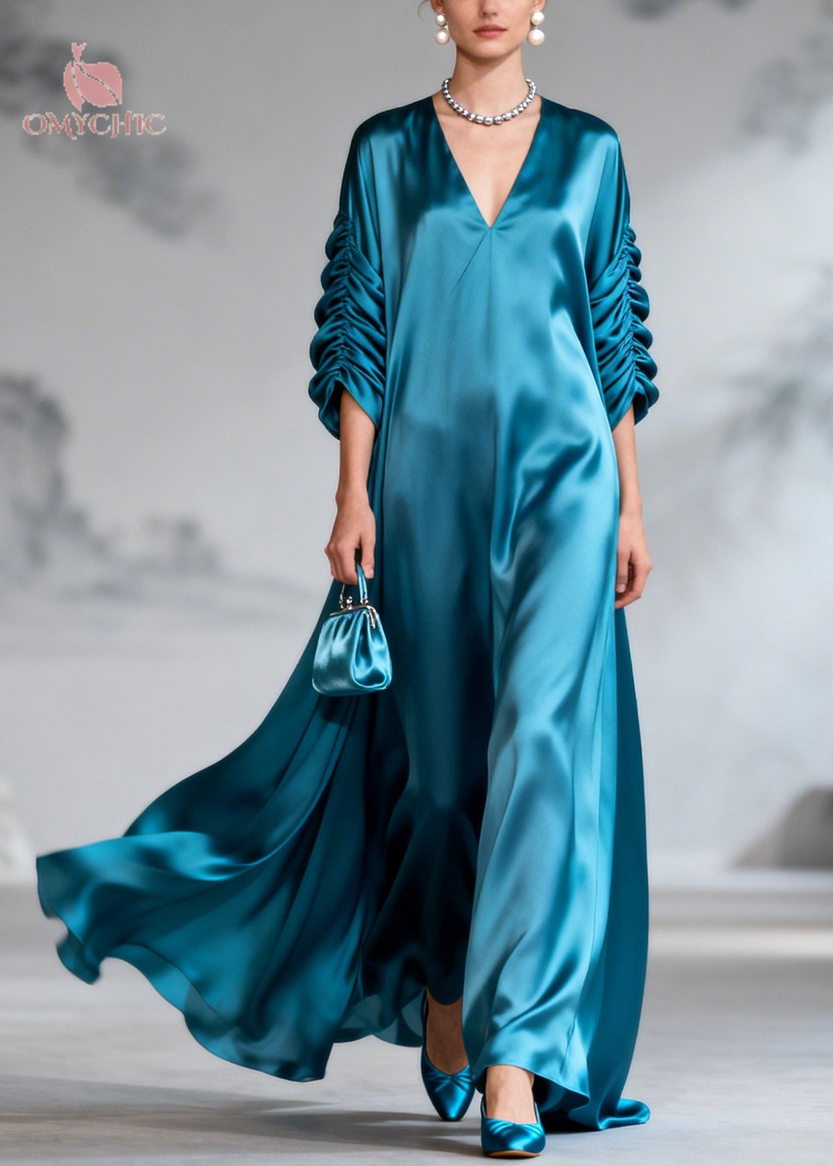 Satin Deep V-Neck Ruched Bishop Sleeve Oversized Flowy Maxi Gown