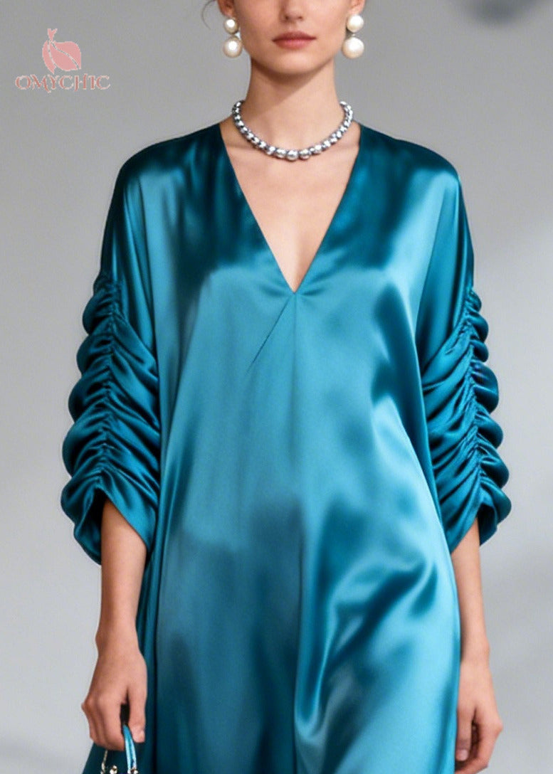 Satin Deep V-Neck Ruched Bishop Sleeve Oversized Flowy Maxi Gown - View 2