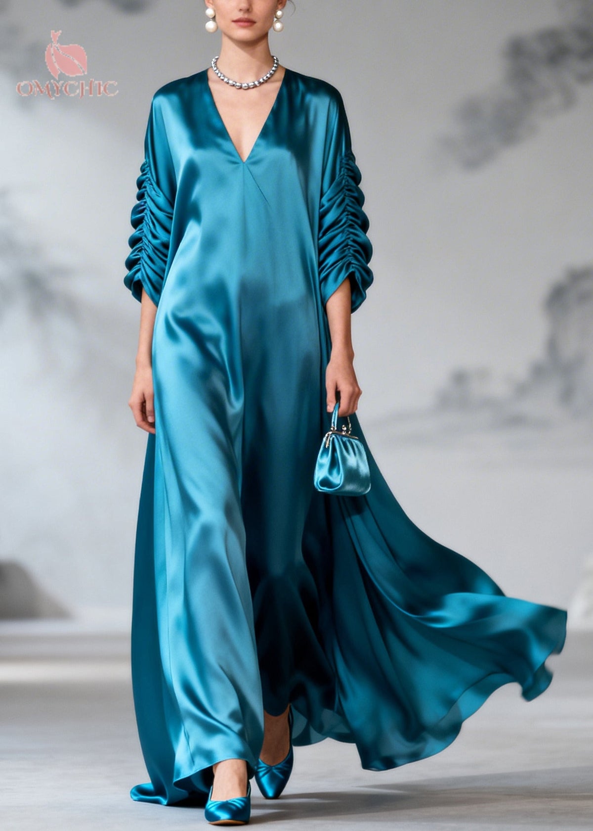 Satin Deep V-Neck Ruched Bishop Sleeve Oversized Flowy Maxi Gown - View 3