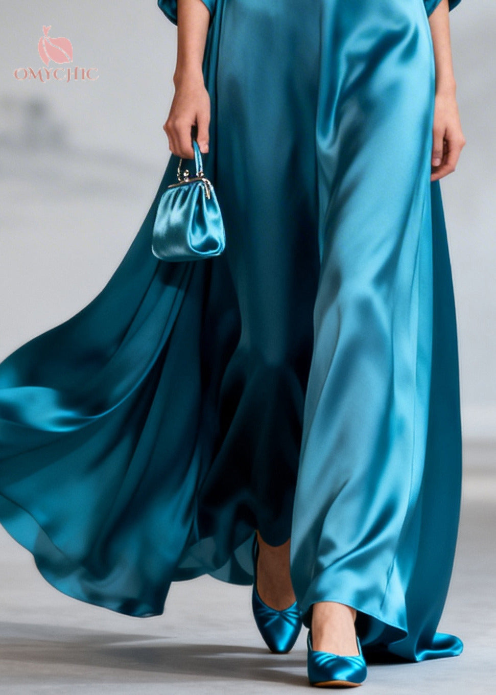 Satin Deep V-Neck Ruched Bishop Sleeve Oversized Flowy Maxi Gown - View 4