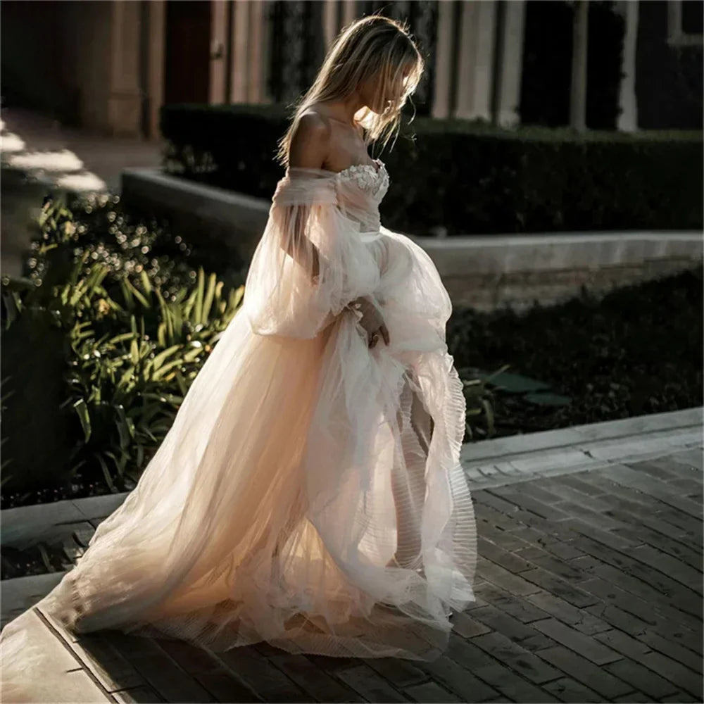 Off Shoulder Puff Sleeve Floral Applique Tulle Prom Gown